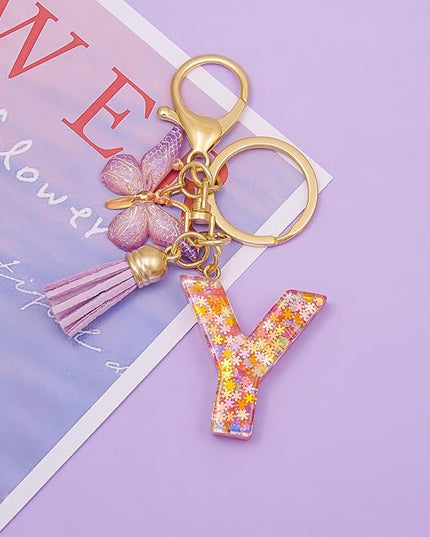 Fashion Alphabet Initial Letter Keychain Tassel Butterfly Pendant Key Ring for Purse Handbags Women Girl