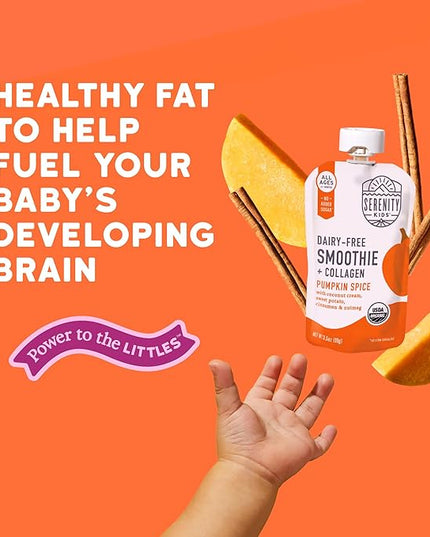 Serenity Kids 6+ Months Pumpkin Smoothie Baby Food Pouches - USDA Organic Pumpkin Spice Smoothie with Grass-Fed Collagen - No Added Sweeteners in Toddler Food - 3.5 Oz, 6 Pack