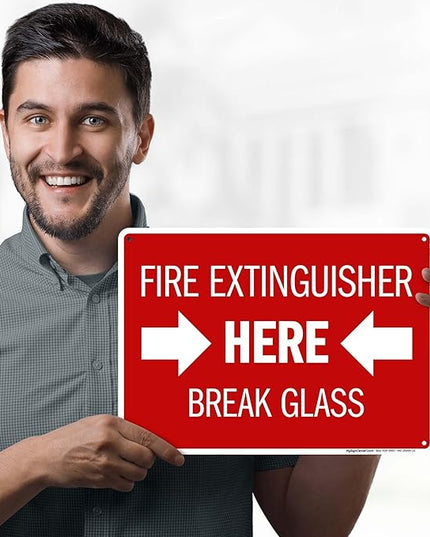 Fire Extinguisher Here Break Glass Sign, 10x14 Inches, 55 mil thick HDPS (high density polystyrene), Made in USA by My Sign Center