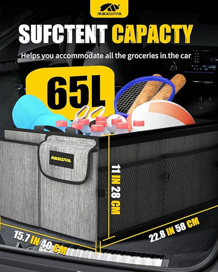 MIKKUPPA Car Trunk Organizer - 65L Collapsible Trunk Organizer with Lid, Sturdy Car Storage for SUV Auto Truck Van with Adjustable Straps and Non Slip Bottom (Gray)