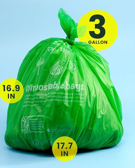 3 Gallon Compostable Trash Bags, Compost Bags for Countertop Bin, 200 Count (Pack of 2) BPI Certified and Meet The ASTM D6400 Standard