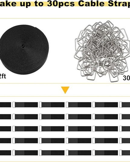 1.5"x32ft Hook and Loop Straps with 30 Metal Buckles, Adjustable Fastening Cable Straps, Cut-to-Length Cinch Strap, Reusable Nylon Securing Cord Ties for Organizer or Storage, Black