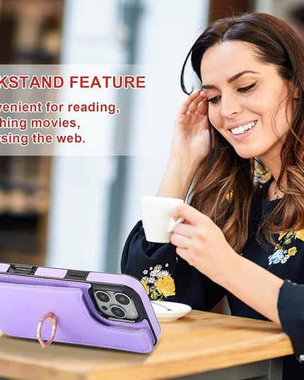 Folosu Compatible with iPhone 16 Pro Max Case Wallet with Card Holder, 360°Rotation Finger Ring Holder Kickstand, RFID Blocking Leather Protective Double Buttons Shockproof Cover 6.9 Inch Purple