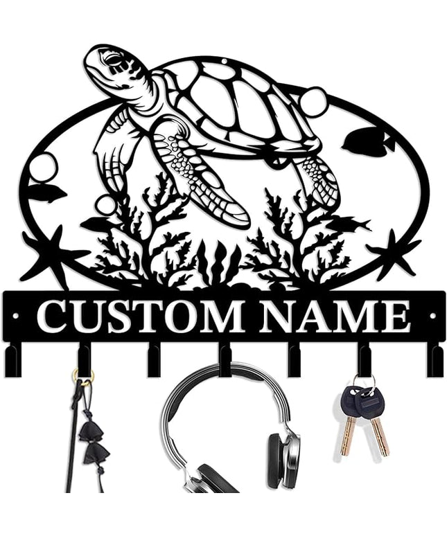 Casebrick Custom Sea Turtle Metal Wall Hooks,Key Holder-Personalized Iron Wall Decor for Keys, Coats & Home Organization (Black, Handmade,Decorative for Entryway, Beach,Bedroom,Office) (Style A)