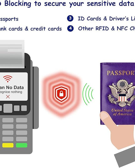 TOURSUIT RFID Blocking Passport Holder for Women Men, Leather Passport Travel Wallet with Metal 3D Metal Badge, Travel Document Holder Cover Accessories (Purple)
