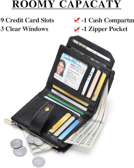FALAN MULE Small Wallet for Women Leather Bifold Compact RFID Blocking with ID Window