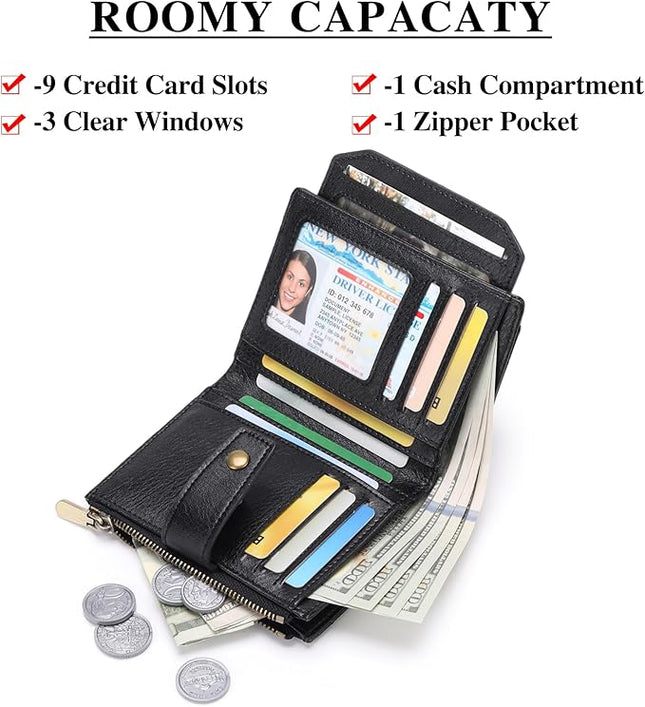 FALAN MULE Small Wallet for Women Leather Bifold Compact RFID Blocking with ID Window