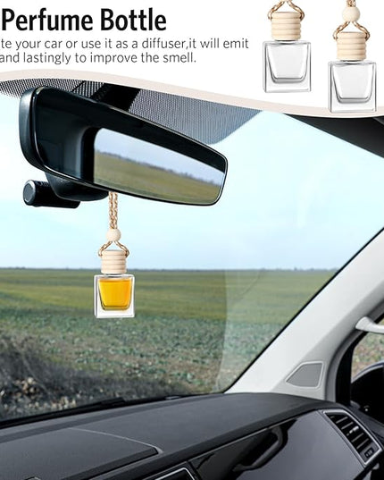 BBTO 100 Pcs Oil Air Freshener Diffuser with Wooden Cap Empty Essential Diffuser Aromatherapy Car Fresheners Car Fragrance Holder Aesthetic Decor Hanging Perfume Bottle (Clear,Square Style)