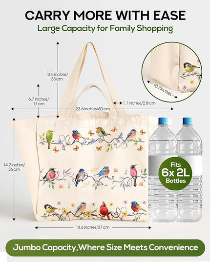 Large Canvas Grocery Tote Bag - Reusable Extra Large Shopping Shoulder Bags with 6 Inner Pockets & 2 Handle Strap