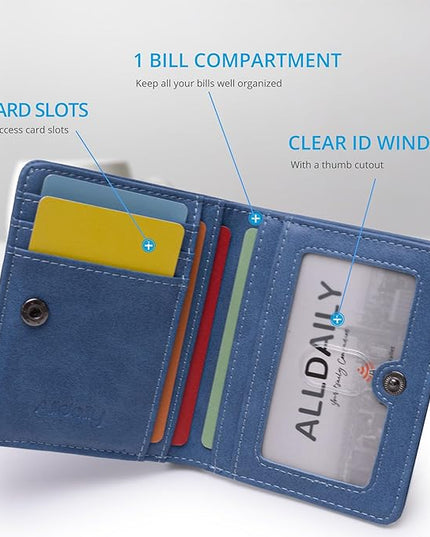 Alldaily Small RFID Wallet for Women Slim Compact Bifold Pocket Ladies Travel Mini Purse (Blue)