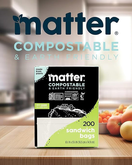 Matter Compostable Sandwich Bags for Food Storage, Eco-Friendly, Resealable, 200 Count