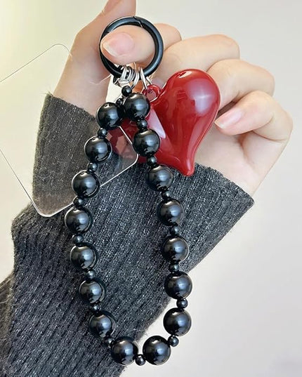 Red Heart Phone Charm Strap Black Beaded Phone Lanyard Cute Bag Charms for Handbags Cellphone Chain Wristlet Heart Bag Charm Purse Keychain for Women Cellphone Keychain Beaded Camera Wrist Strap