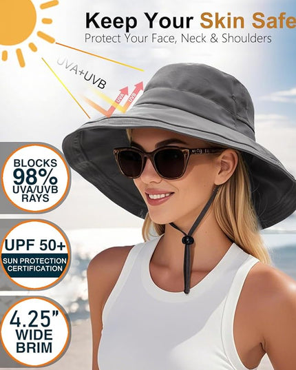 Sun Hats for Women, Wide Brim Waterproof Bucket Hat, Summer Beach Packable Ponytail Hat,UPF 50+ UV Protection