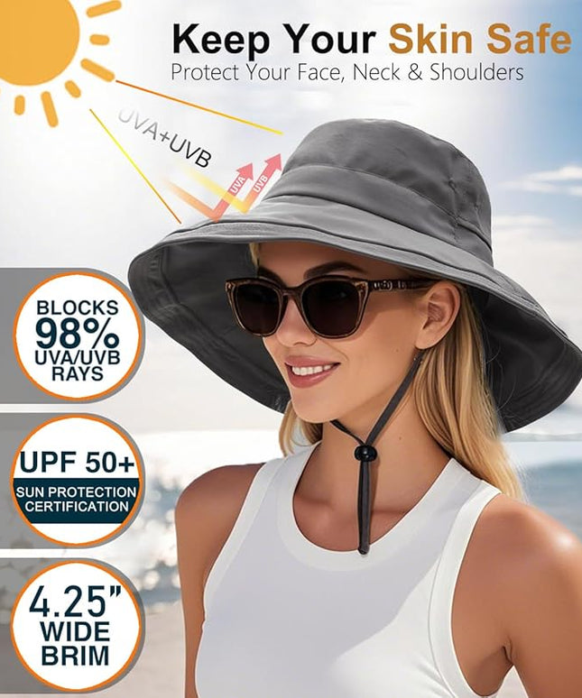 Sun Hats for Women, Wide Brim Waterproof Bucket Hat, Summer Beach Packable Ponytail Hat,UPF 50+ UV Protection