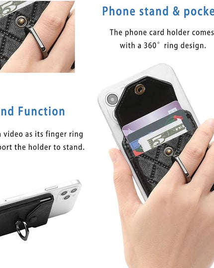 Cell Phone Card Holder RFID Ring Stand Stick on Wallet Card Holder of Phone All Smartphones Adhesive Credit Card Holder for Cell Phone-Black