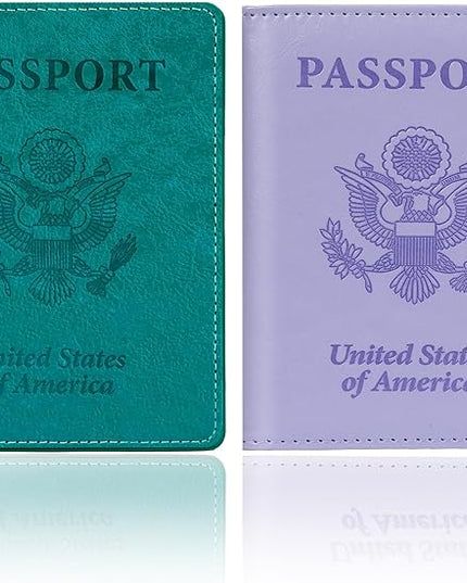 Passport Holder for Travel, 2 PCS Passport Holder, Travel Passport Holders Must Haves for Women Men, Passport Cover Passport Wallet Case Holders for Travels Cruise Ship Essentials, Purple & Lake Blue