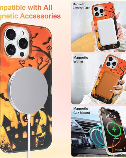 Halloween Case for iPhone 16 Pro Max Case [ Compatible with Magsafe ] Holographic Orange Sky with Black Castle, Bats, Ghosts, Pumpkins Pattern Design, Creative Magnetic Protective Phone Cover