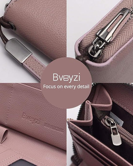 Bveyzi Women RFID Blocking Wallet Leather Zip Around Phone Clutch Large Capacity Ladies Travel Purse Wristlet | RFID Blocking, Zip Around, Large Capacity