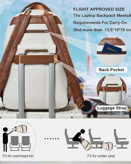 43L Backpack for Women Men - Vegan Leather Backpack Purse Travel Carry-on Bag College Bookbag Work fits 17" Laptop, Beige