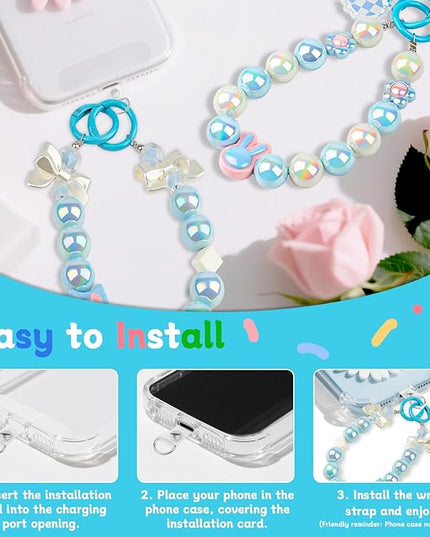2 Pcs Phone Charm Wrist Strap with Tether Tab, Double Anti Lost Cute Beaded Wrist Lanyard, Detachable Transparent Phone Charms for Bag, Key Chains, Camera Decor