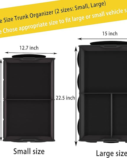 Homeve Trunk Organizer, Car Storage, Reinforced Handles, Collapsible Multi-Compartment, Foldable, Waterproof, Sturdy, 600D Oxford Polyester For Car, SUV, Mini-Van, Black, 2 Compart-Small