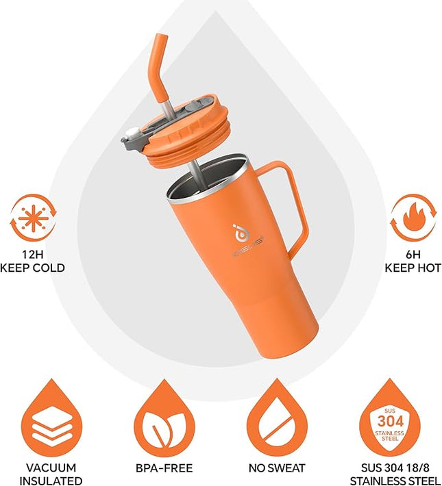 Ideus 32 oz Tumbler with Handle and Straw, Vacuum Insulated Stainless Steel Travel Mug, 100% Leakproof, Cup Holder Friendly, Orange