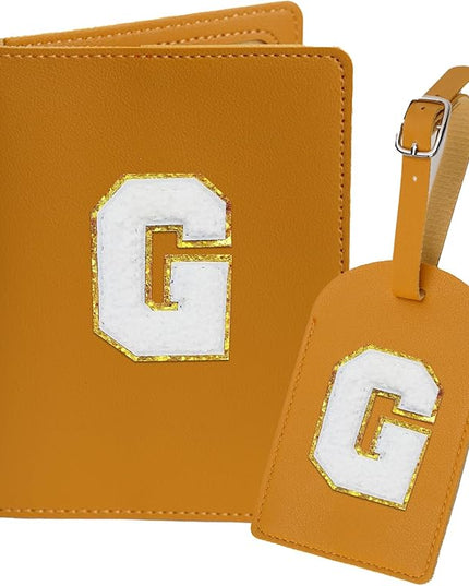 Initial Passport Cover Holder and Luggage tag Set,PU Leather Passport Case Travel Suitcase Tag with Letter Patch, Personalized Travel Luggage Accessories Gifts for Women Grils Teenage Ginger G