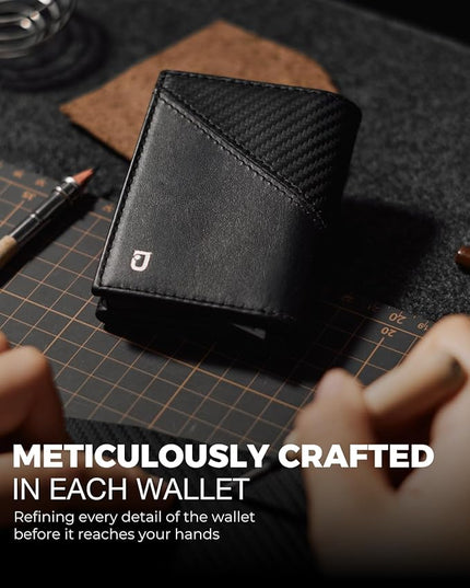 Jenoss Smart Wallet For Men: Full Grain Leather, Handcrafted, Slide Metal Pop Up Case, Slim RFID Blocking Credit Card Holder, Minimalist Compact 12 Cards Slot Organizers ID Money Clip (Black & Carbon)