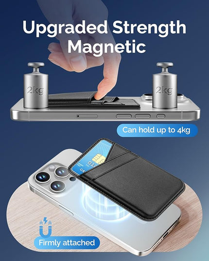 SS Magnetic Wallet Compatible with iPhone 16 15 14 13 12 Pro Max Plus Series - Strongest Magnetic Leather Card Holder Stick on for Apple Cell Phone, Mag Safe Wallet for Women Men (Black)