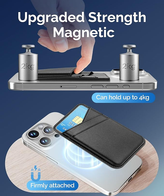 SS Magnetic Wallet Compatible with iPhone 16 15 14 13 12 Pro Max Plus Series - Strongest Magnetic Leather Card Holder Stick on for Apple Cell Phone, Mag Safe Wallet for Women Men (Black)