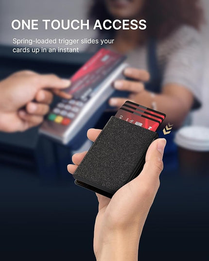 typecase Smart Wallet Card Holder for Men: Pop Up Card Case, Full Grain Leather, RFID Blocking, Slim, Minimalist, Thin, Front Pocket - 13 Card Capacitiy, ID Window, Cash Strap (‎‏‏‎ Burnished Black)