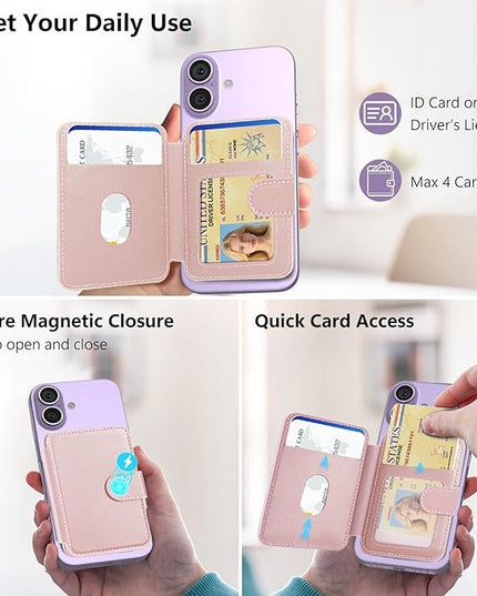 TopMade for Magsafe Wallet, Strongest Magnetic Card Holder for iPhone 17/16/15/14/13/12 Series, Slim Magnetic Phone Wallet, 4 Cards Holder, Vegan Leather, RFID Blocking, Open ID Window, Pink