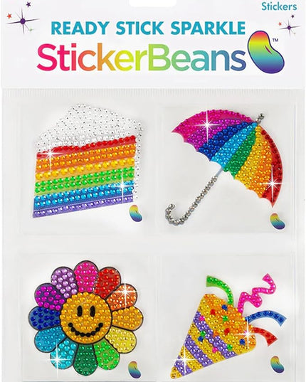 StickerBeans® Rhinestone Stickers - Happiness 4-Pack, 2” x 2” Each, Unique Sparkly Cut-to-Shape for Collecting, Trading, Decorating Laptops, Phone Cases, Scrapbooks - for Kids, Teens, & Adults