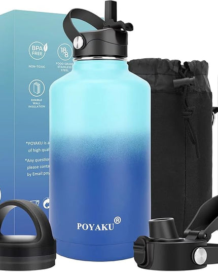 Water Bottle Insulated 32oz 40oz 64oz 128oz Straw Lid Spout Lid & 3 Lids, Leak Proof, Vacuum Insulated,Stainless Steel Water Bottle Wide Mouth for Sports, Gym or Office