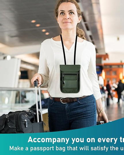 sundee Travel Neck Wallet with Double Zippers, RFID Blocking Passport Holder with Adjustable Neck Strap for Men and Women to Keep Cash, Credit Cards and Travel Documents Safe - Olive Green