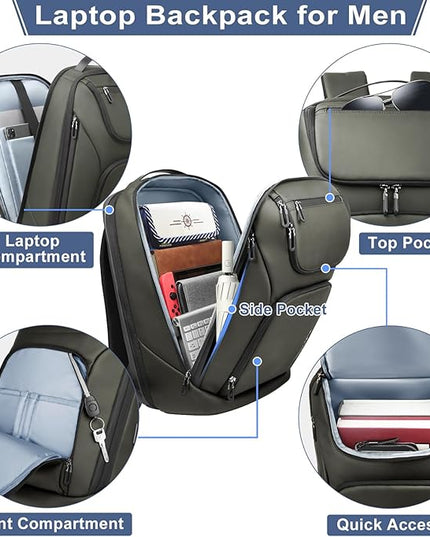 hk Business Smart Backpack for Men Anti-Theft for 17.3 Inch Laptop with USB Charging Port Water-Resistant Large Durable Compact 30L for Travel College Work-Green