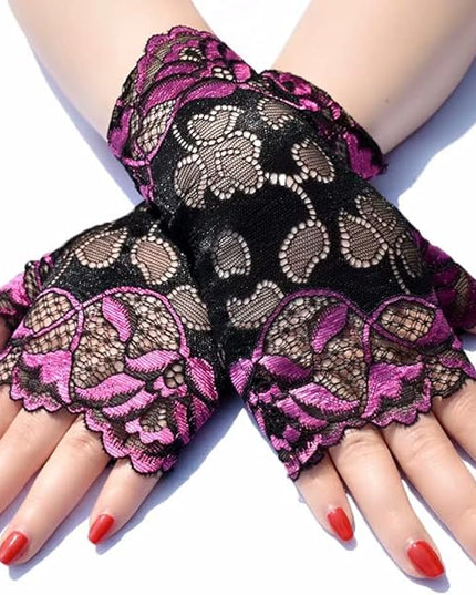 Women's Short Lace Gloves Fingerless for Driving Wedding Wrist Length Bridal Prom Gloves