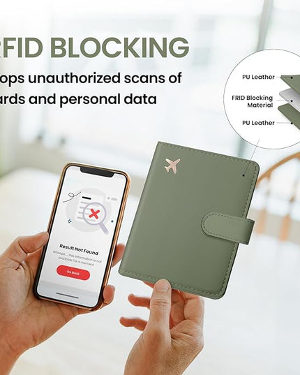 Passport Holder for Travel Essentials, RFID Blocking Leather Cover Wallet with Magnetic Closure, Aesthetic & Cute Passport Book Case for Women and Men - Green
