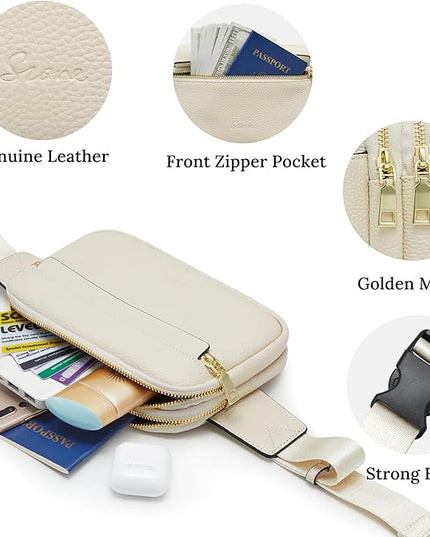 S-ZONE Fanny Packs for Women, Genuine Leather RFID Blocking Crossbody Bags Purses, Sling Waist Bag, Fashionable Chest Bag, Gifts Travel Running Adjustable Strap Men