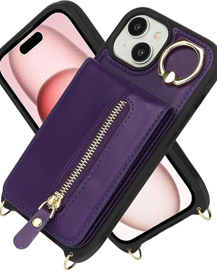 for iPhone 15 Wallet Case with Card Holder, for iPhone 15 Case Wallet with Strap Credit Card Slot, Crossbody Bag with Zipper Case for iPhone15 - Purple