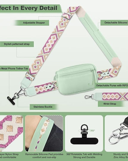 Clip and Go Strap for Phone with Wallet Crossbody, Adjustable Phone Lanyard with Detachable RFID Wristlet Wallet, Pattern Strap, Green (M)