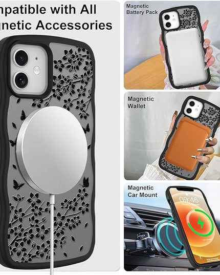 Wavy Case for iPhone 12 Case with Stand [Compatible with MagSafe] Cute Black Cat & Floral & Butterflies Pattern Design, Kawaii 360 Magnetic Ring Kickstand Phone Cover for Women Girls