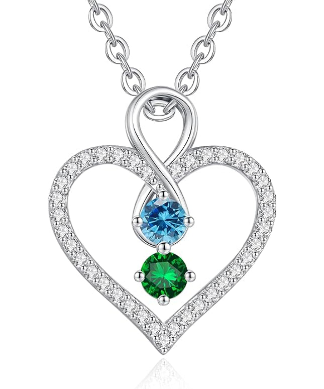 LOUISA SECRET Infinity Double Birthstone Necklace, 925 Sterling Silver Tiny Pendant Heart Necklace for Women Wife Her, Best Jewelry Gift Heart Jewelry Meaningful Gift for Valentine's Day, Christmas, Birthday Anniversary
