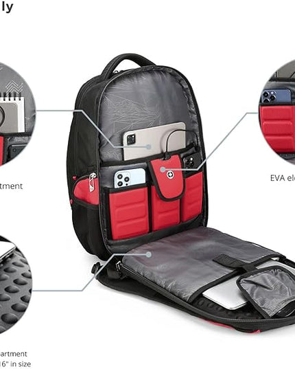 Swissdigital Design Men's Laptop Backpack for College and Business Travel with Integrated USB Charging Port and RFID Protection Fits 15.6" Laptops Black/Red | J14-41