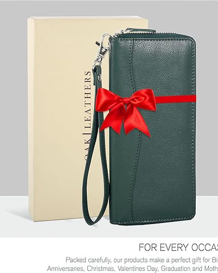 Oak Leathers Green Leather Wallet for Women - Medium RFID Womens Wallet Clutch with 8 Credit Card Holder, Coin Pocket, Gift for Women’s