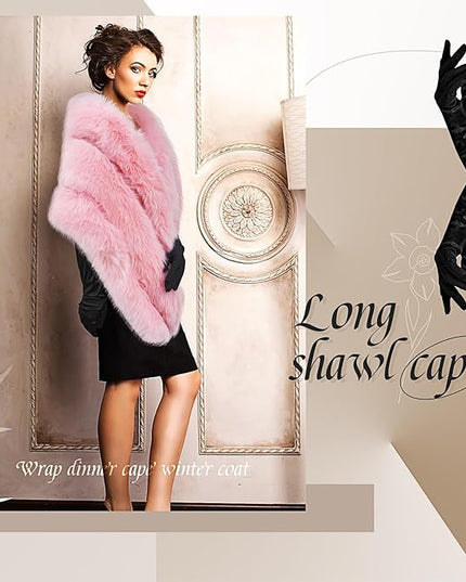 Zhanmai 2 Pcs Winter Long Shawl Cloak Stretchy Glove Opera Bridal Dance Gloves for Women Dress Party Coat