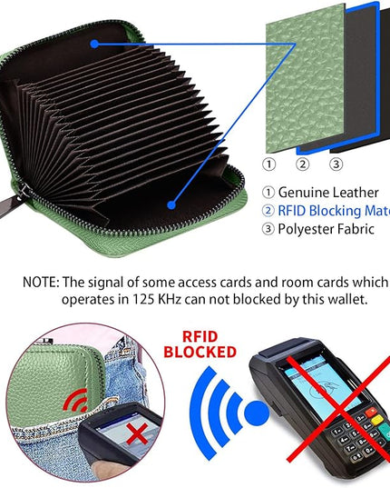 Linno RFID 20 Slots Credit Card Holder Genuine Leather Small Wallet for Women or Men with Zipper