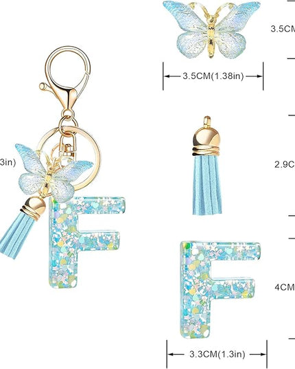 Fashion Alphabet Initial Letter Keychain Tassel Butterfly Pendant Key Ring for Purse Handbags Women Girl