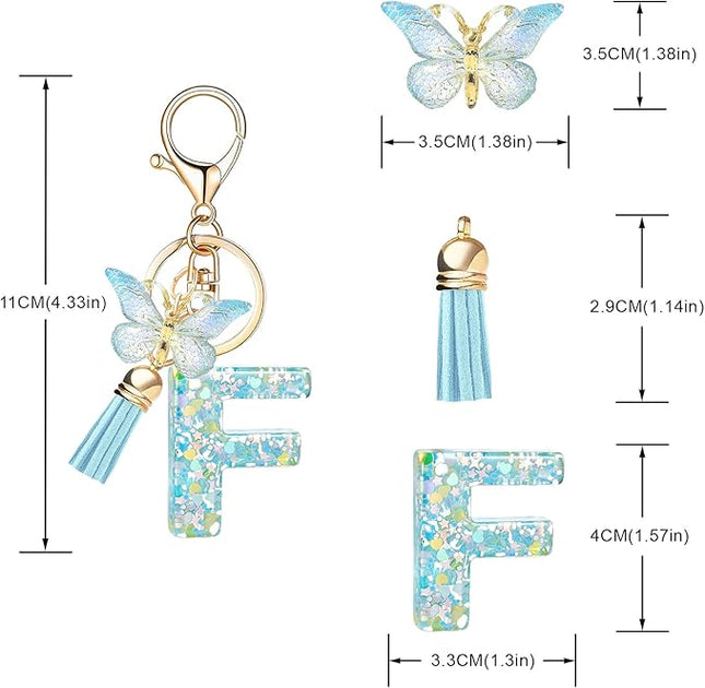 Fashion Alphabet Initial Letter Keychain Tassel Butterfly Pendant Key Ring for Purse Handbags Women Girl