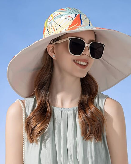HUAMULAN Women Summer Sun Hat Wide Brim Wired Edge Floral Beach Bucket Hats Reversible Foldable Travel UV Protection Lady Hat